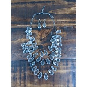 Clear Crystal‎ Cut Teardrop Beaded Multi Strand Necklace & Matching Earrings